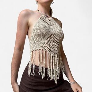 UNIQ Y2k backless fringe Crochet boho halter top